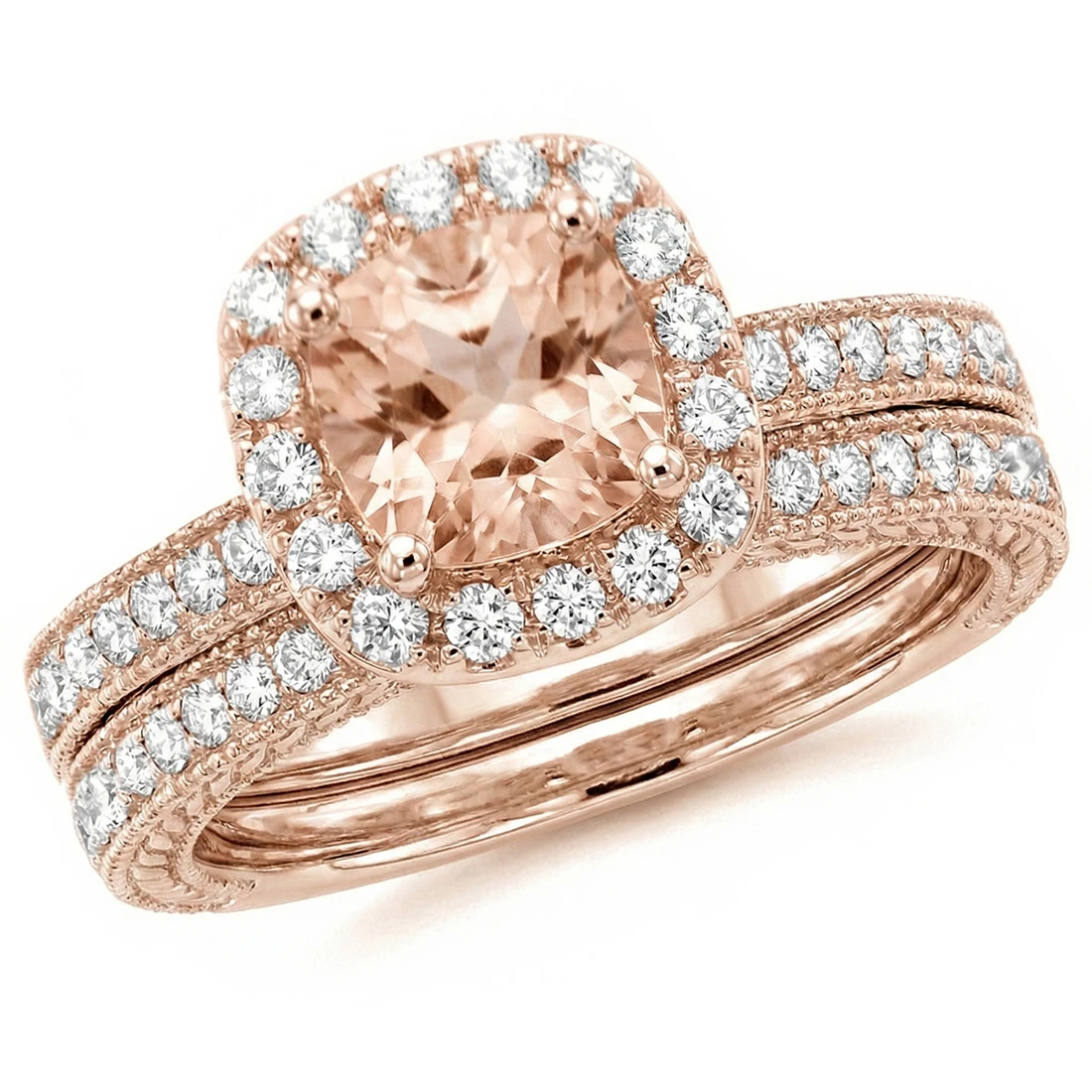 Cushion-Cut Peach Pink Morganite Diamond Halo Engagement Ring Set Rose Gold