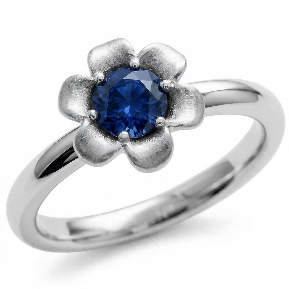 Blue Sapphire Solitaire Promise Ring Flower Design