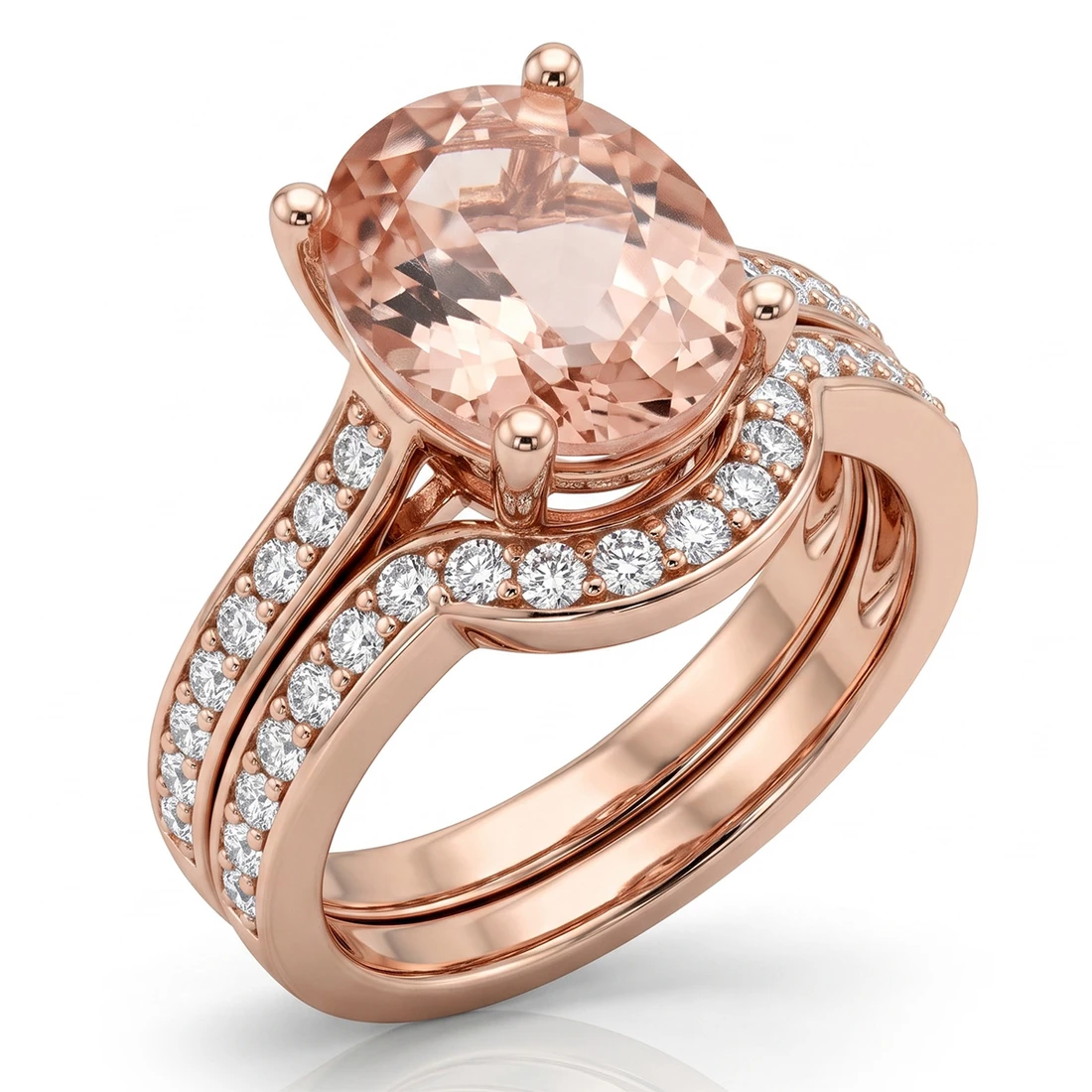 Peach-Pink Morganite 14k Rose Gold Engagement Wedding Ring Set