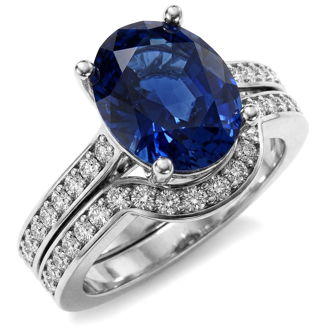Oval Blue Sapphire and Diamond Engagement Wedding Ring Set
