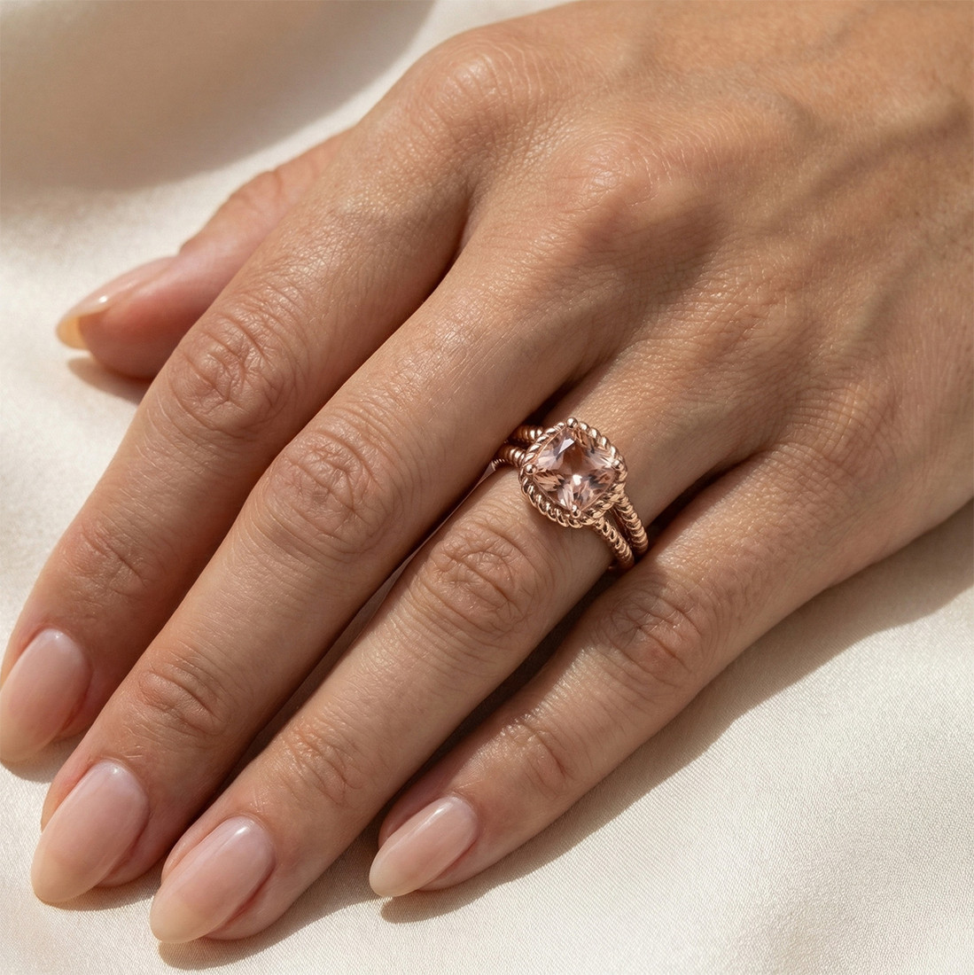 Peach Pink Morganite Twisted Rope Engagement Ring 14k Rose Gold