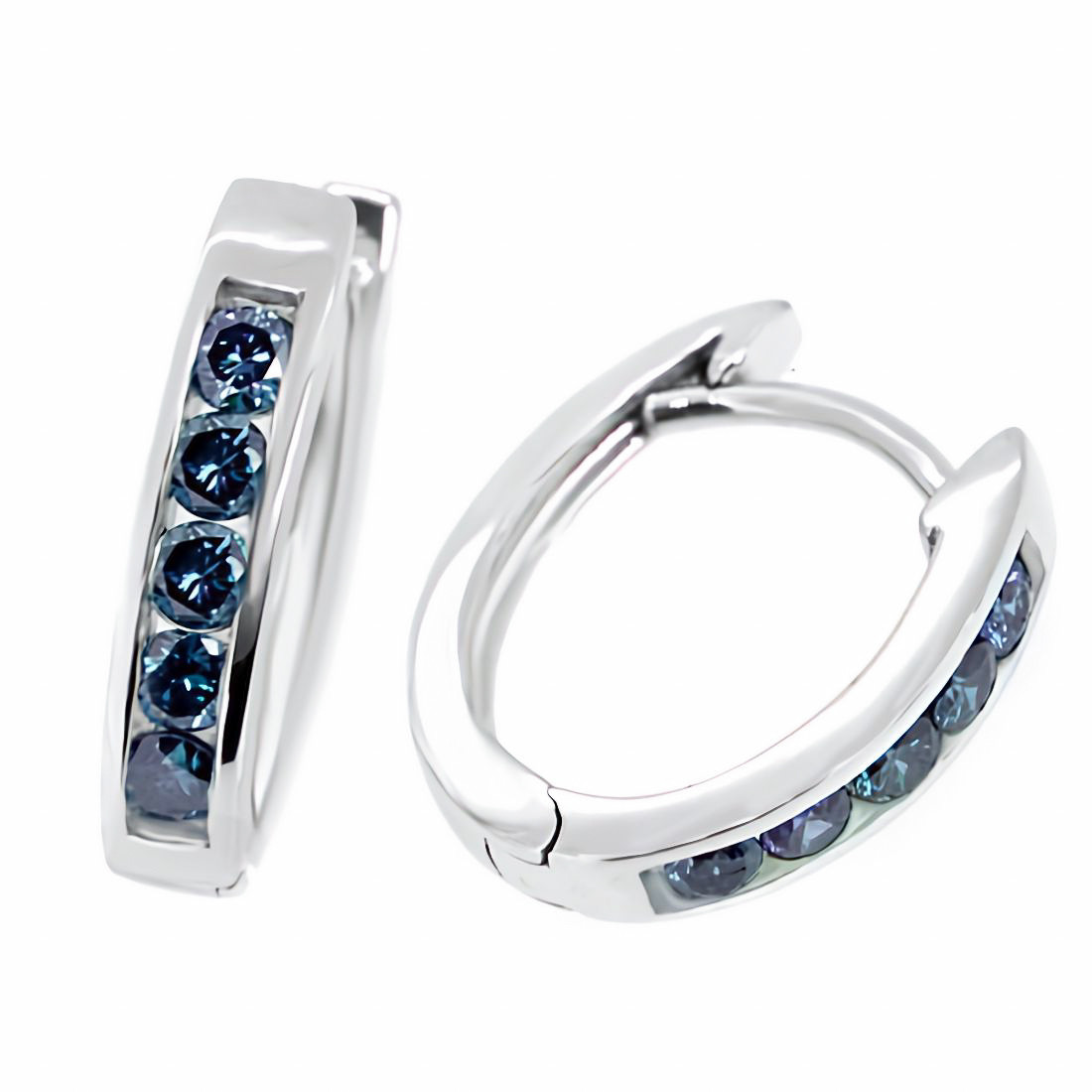 Jewelry 14k White Gold Blue and White Diamond Hinged Hoop Earrings