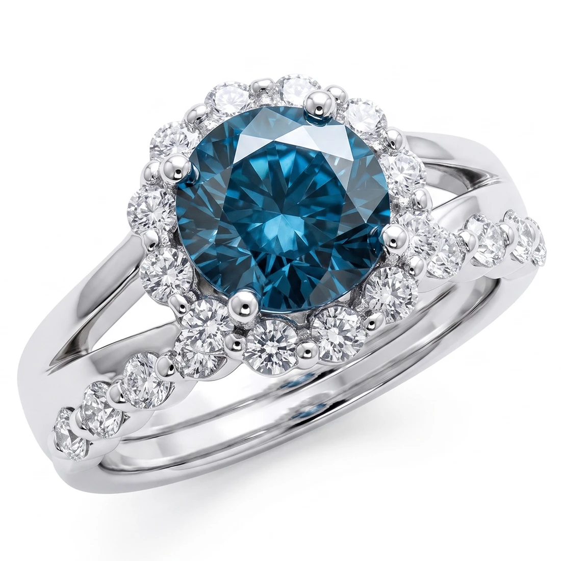 Blue and White Diamond Halo Engagement and Wedding Ring Set