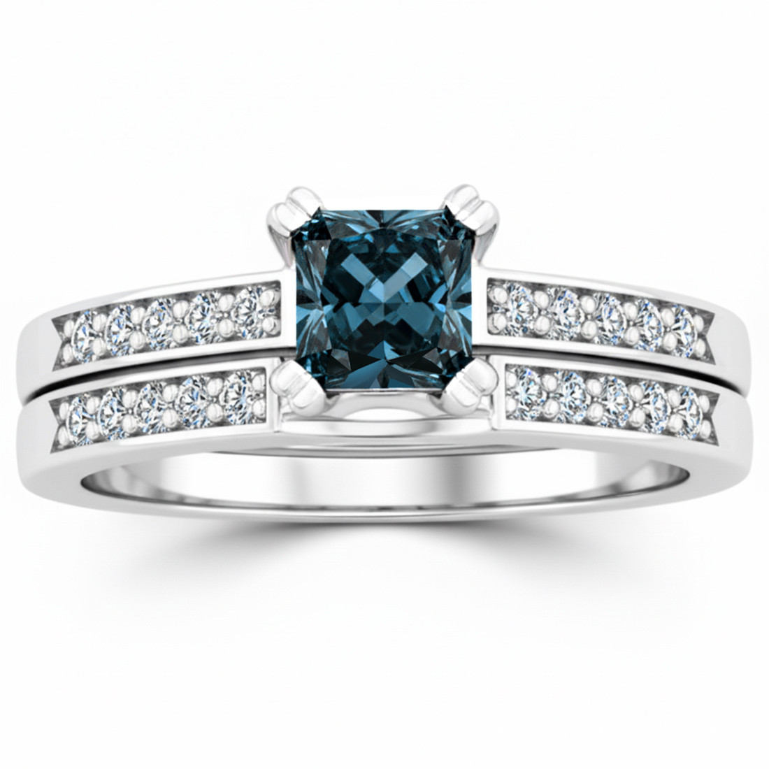 Princess-Cut Fancy Blue Diamond Engagement and Wedding Ring Set