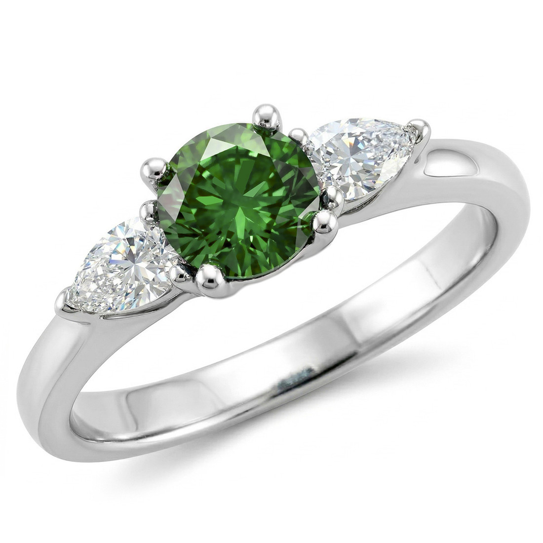 Brilliant-Cut Green and Pear-Cut White Diamond 3-Stone Engagement Ring