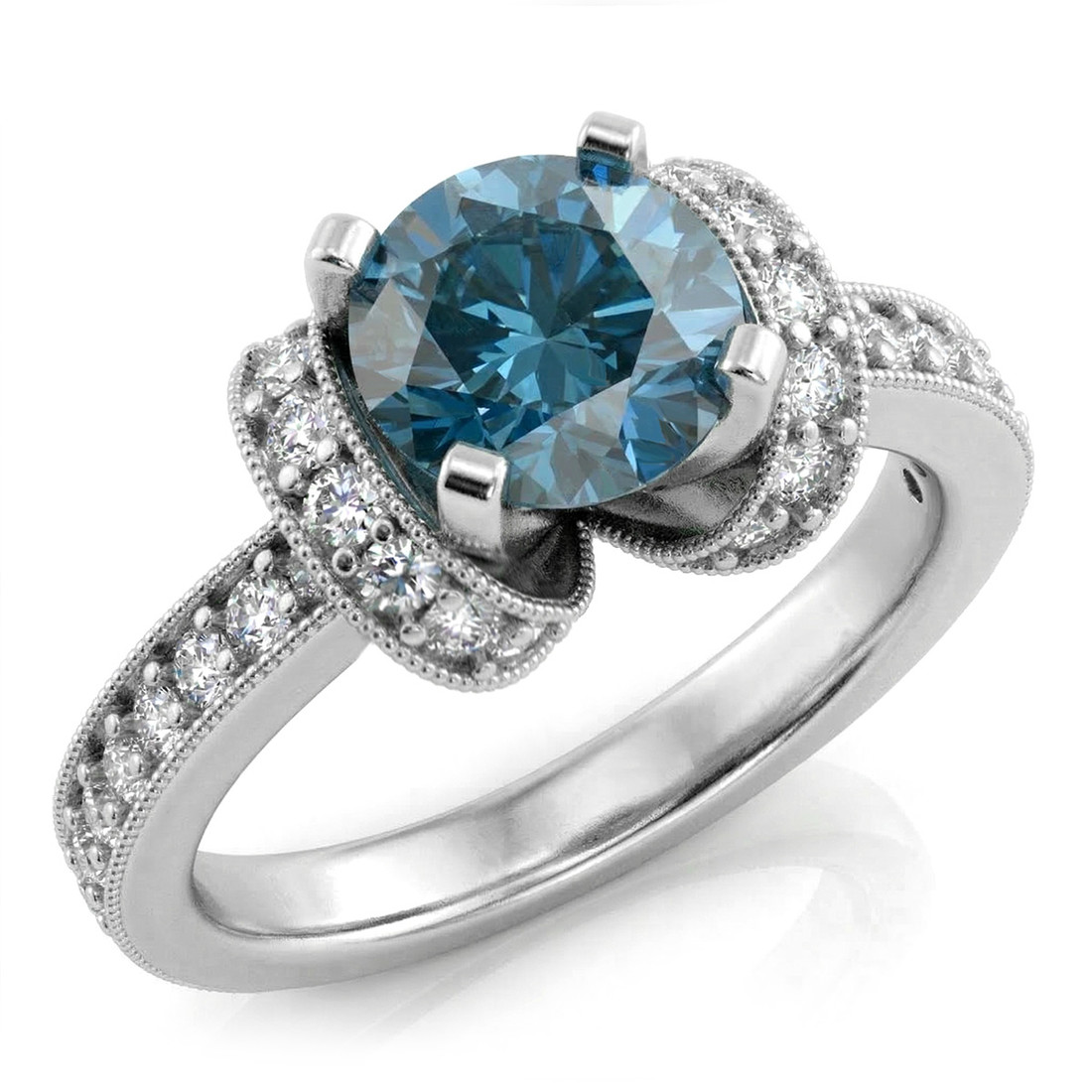 Fancy-Blue Diamond Engagement Ring With White Diamond Shoulders