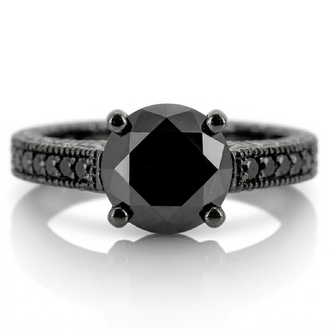 3 Carat Black Diamond Vintage Engagement Ring 14k Black Gold