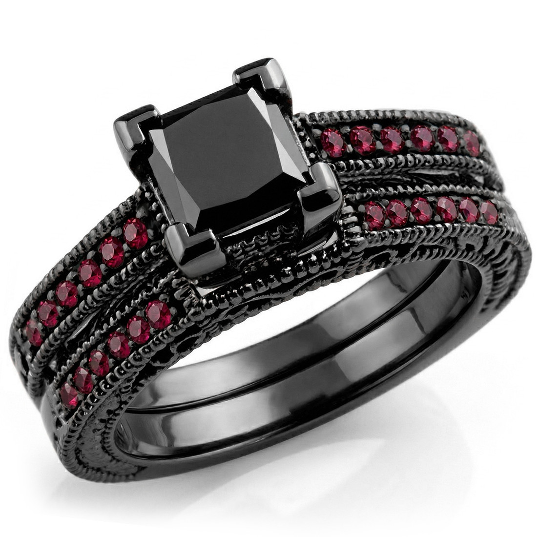 Princess Black Diamond Ruby Engagement Ring Set 14k Black Gold
