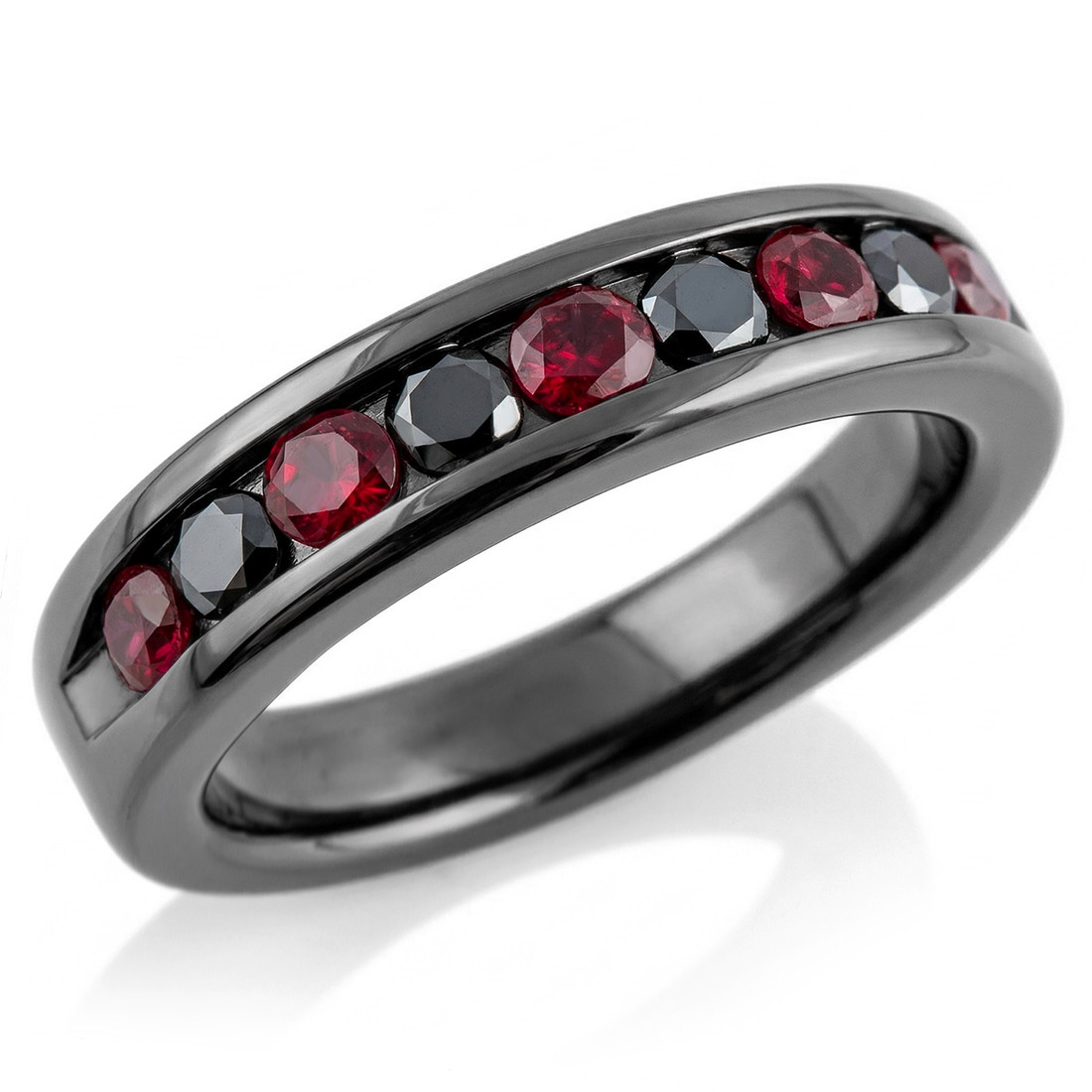 Men's Unique Black Diamond and Red Ruby Wedding Band 14k Black Gold Ring