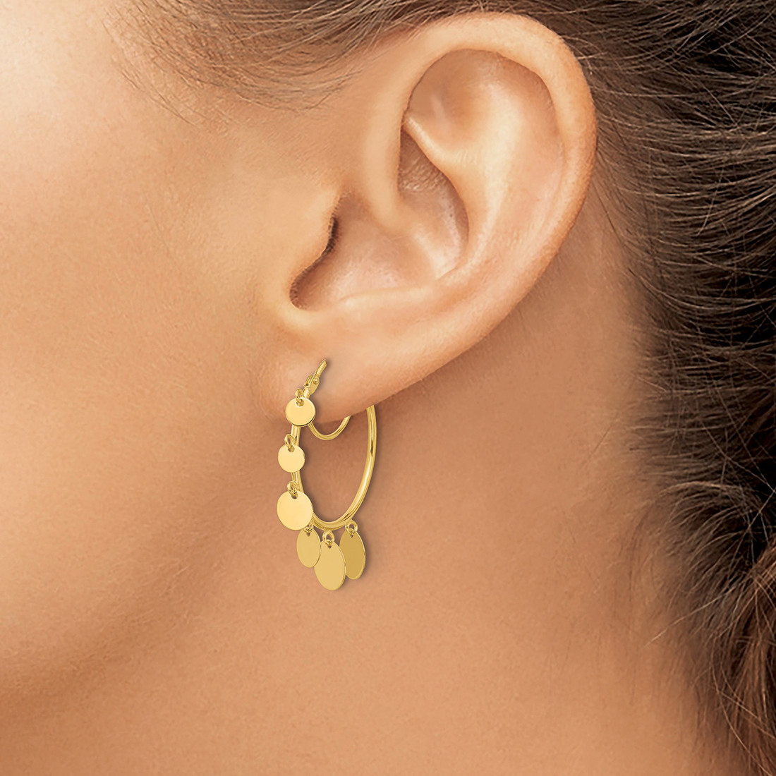 Unique Hoop Earrings with Dangling Discs 14K Yellow Gold