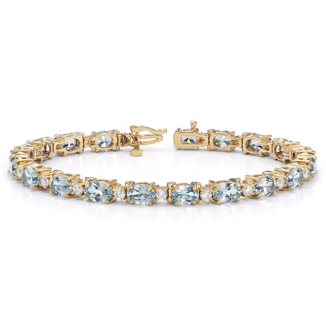 Oval Blue Aquamarine Diamond Bracelet 14k Yellow Gold