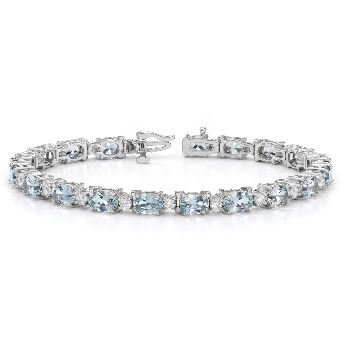 Oval Blue Aquamarine and Diamond Bracelet 14k White Gold