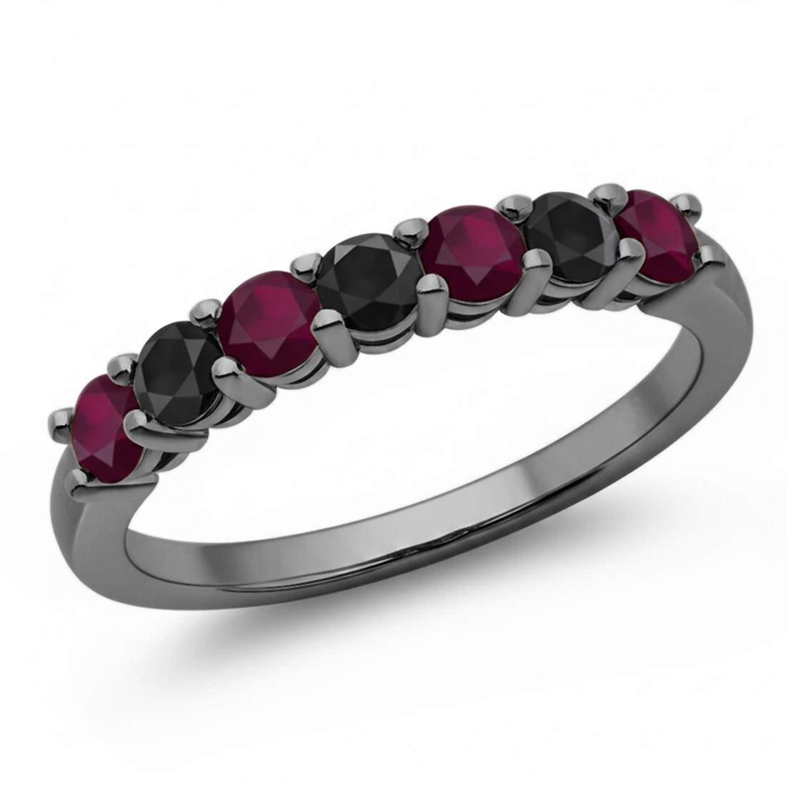 Alternating 7-Stone Black Diamond and Red Ruby Anniversary Ring