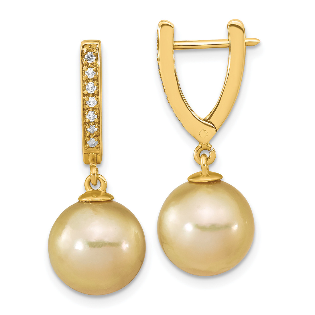 Dangling golden pearl earrings. Modern pearl jewelry, real pearls