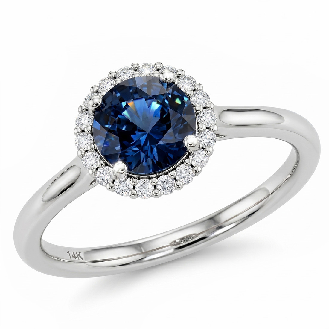 Fine Blue Sapphire Raised Diamond Halo Engagement Ring