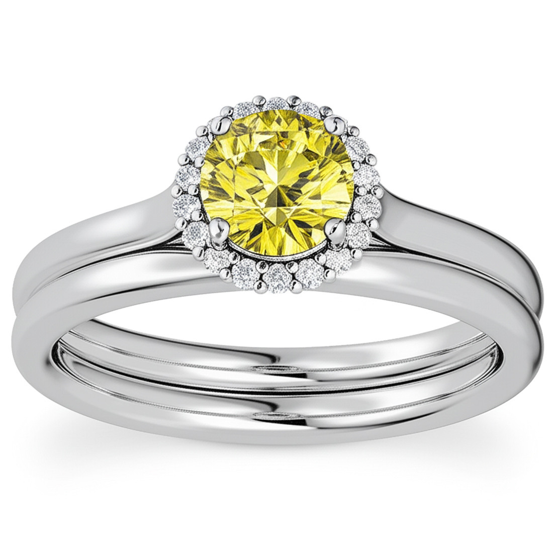 Fancy Canary Yellow Diamond Halo Engagement and Wedding Ring Set