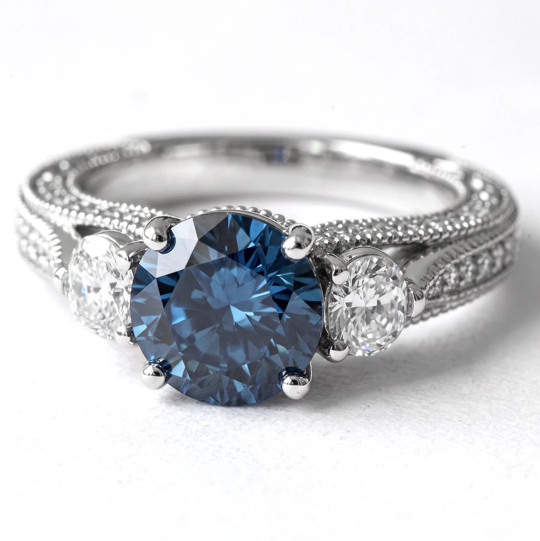 Fancy Blue and White Diamond 3-Stone Engagement Ring Vintage Style