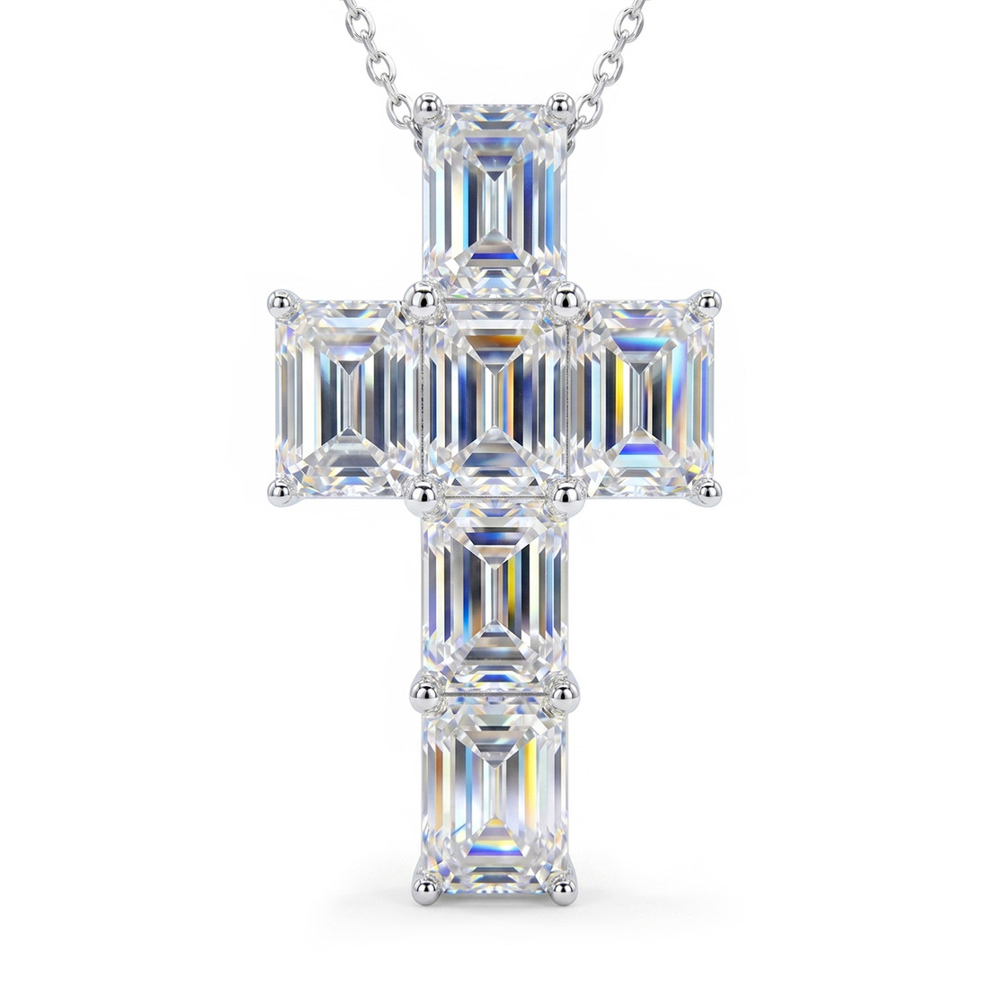 6 Carats Emerald Cut Lab Grown Diamond Cross Pendant 14k Gold