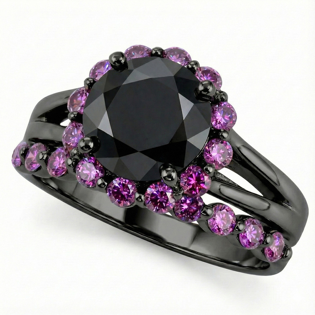 Black and Purple-Pink Diamond Engagement Wedding Ring Set 14k Black Gold