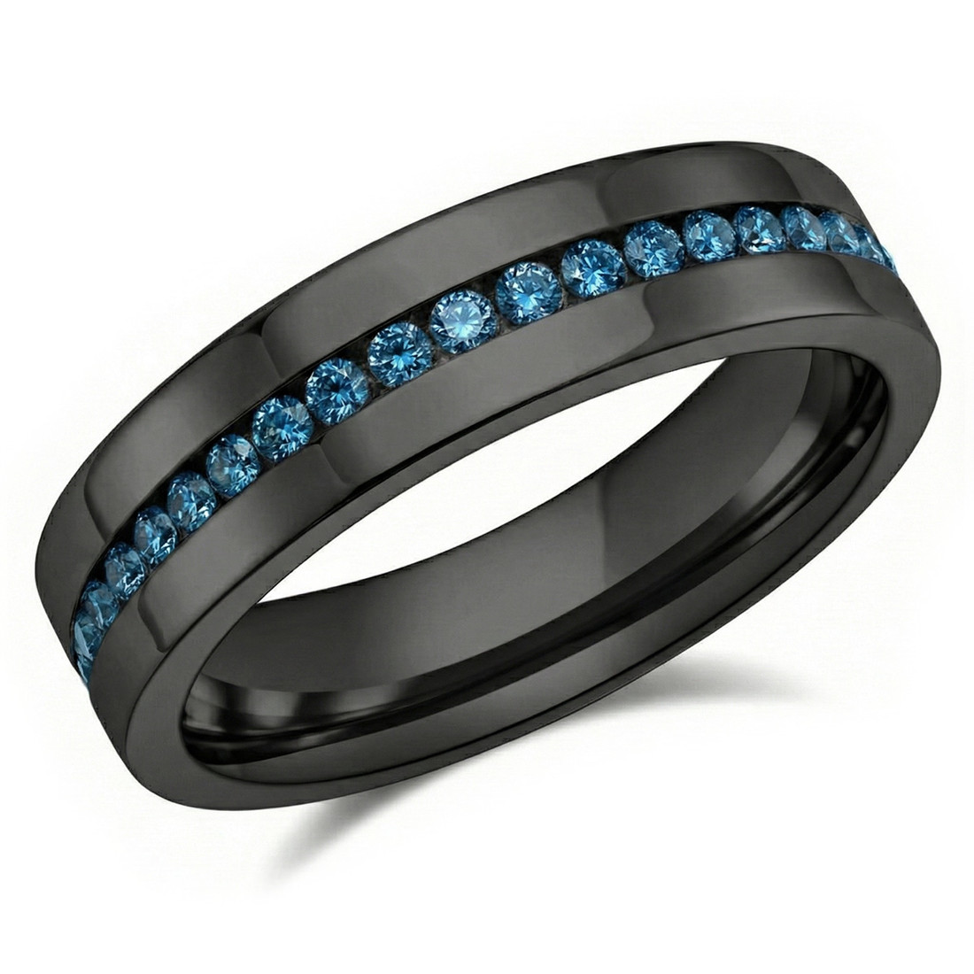 Channel-Set Blue Diamond Men's Eternity Wedding Band 14k Black Gold