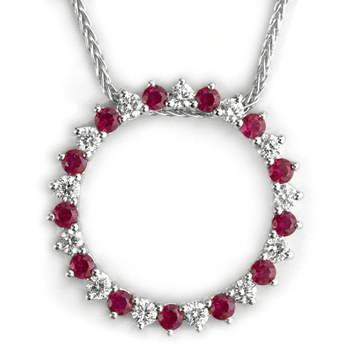 Ruby and Diamond Circle Pendant Necklace 14k White Gold