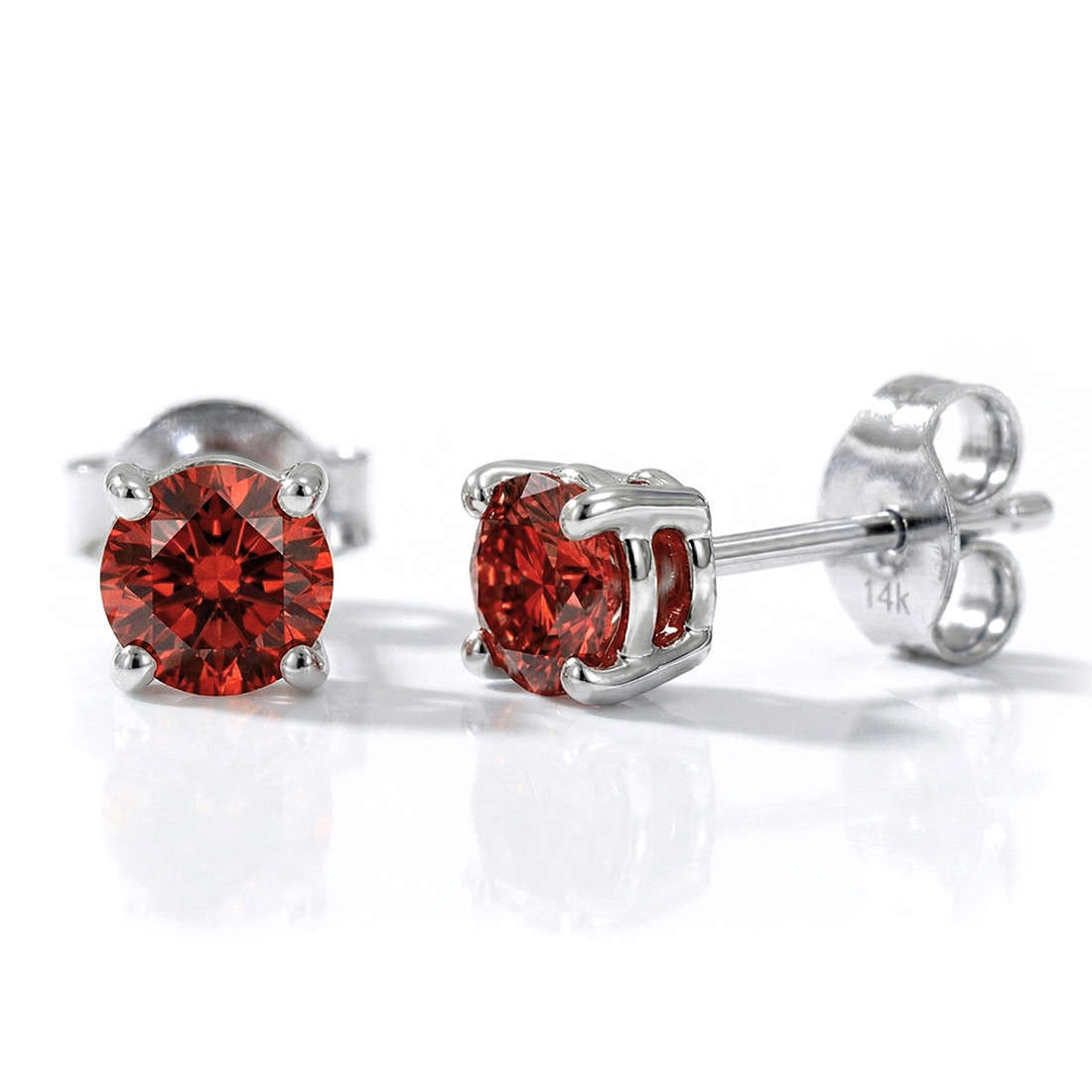 1 Carat Lab Grown Fancy Red Diamond Stud Earrings 14k White Gold