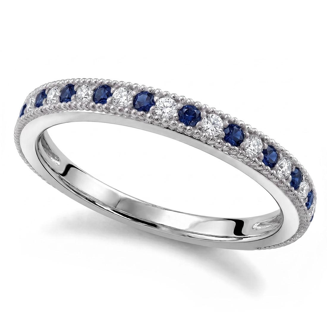 Alternating Blue Sapphire and Diamond Wedding Ring Vintage Band With Milgrain