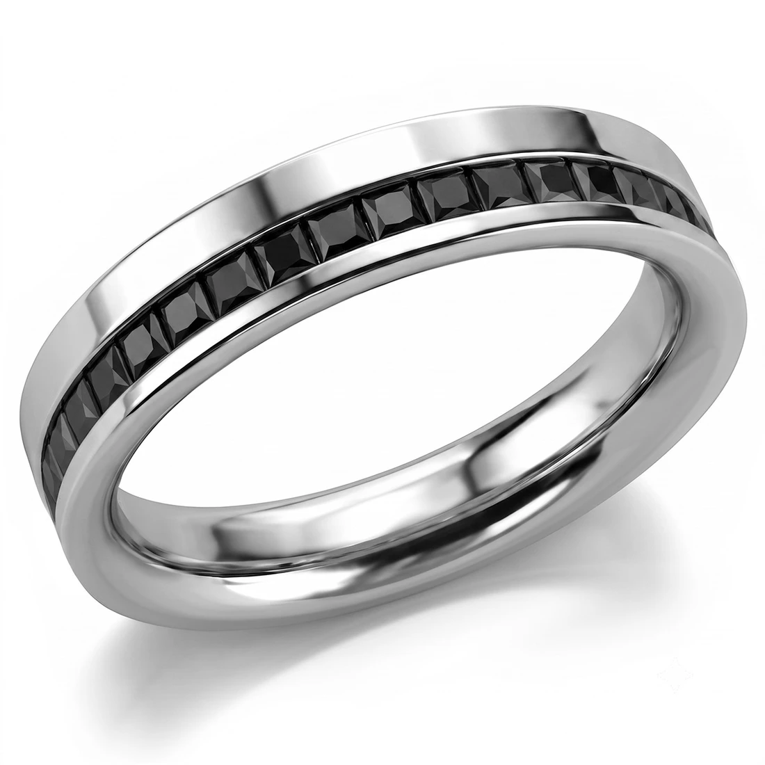 Off-Center Channel Princess Cut Black Diamond Men's Eternity Wedding Band