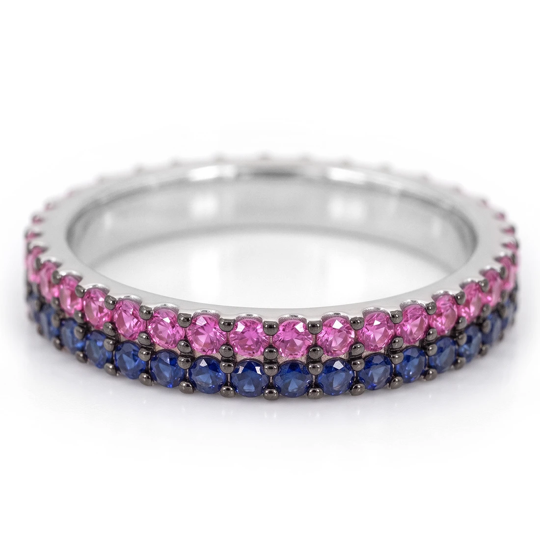 Blue and Pink Sapphire Two-Row Eternity Wedding Band