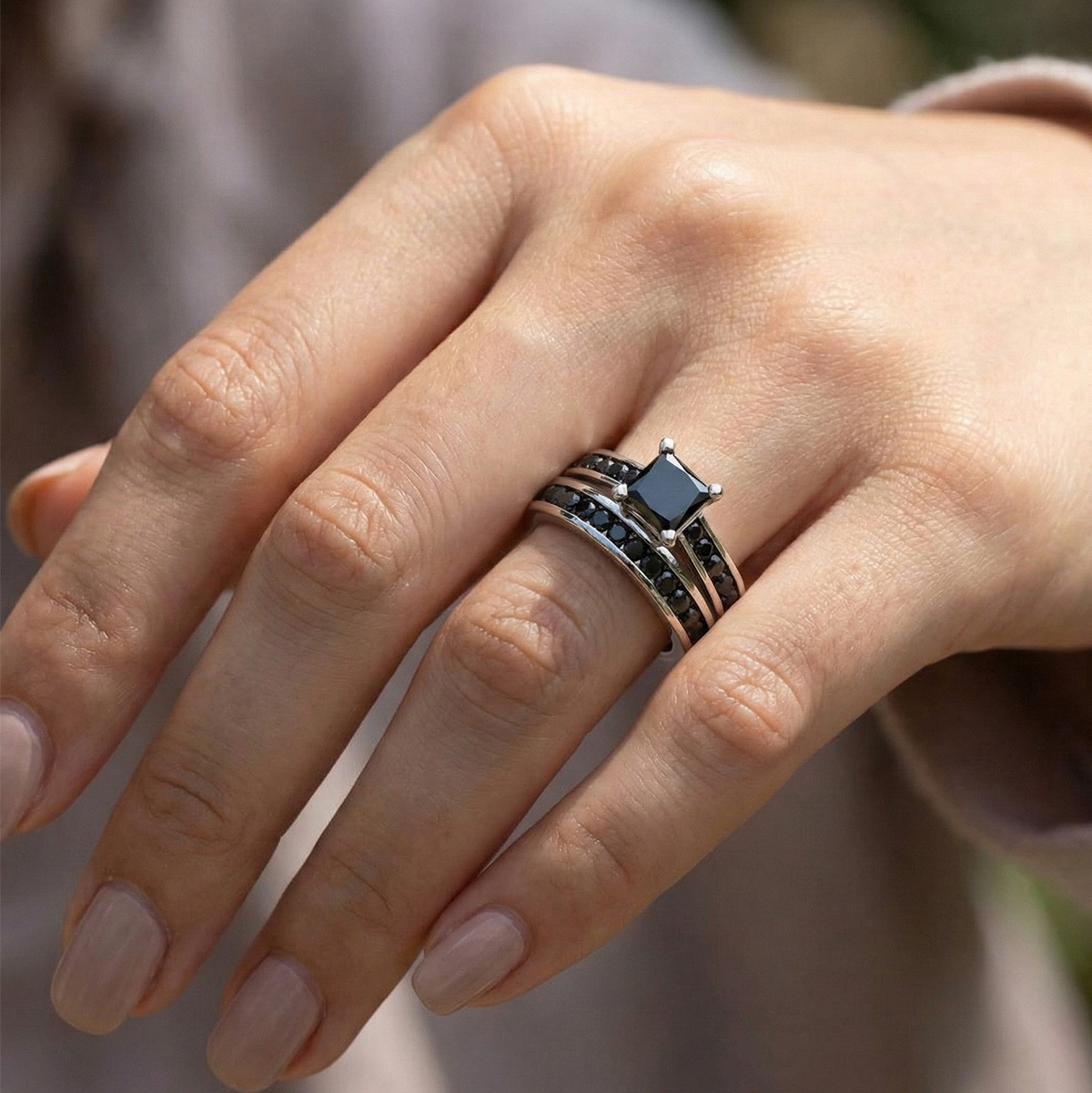 2.25 Carat Princess Cut Black Diamond Engagement Ring Set Channel