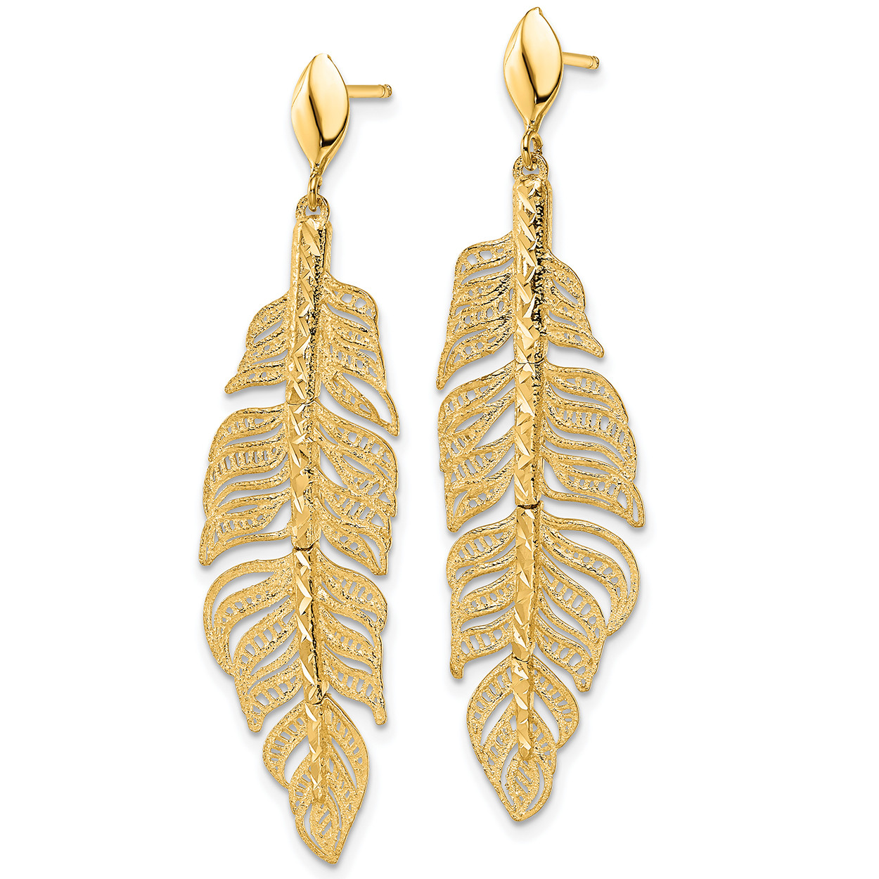 Unique 14k Yellow Gold Feather Drop Dangle Earrings