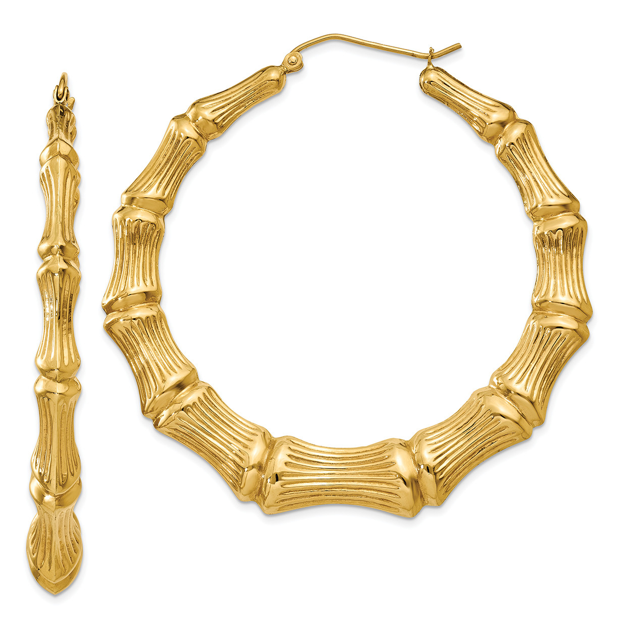 Large 14k Yellow Gold Bamboo Hoop Earrings Textured Finish