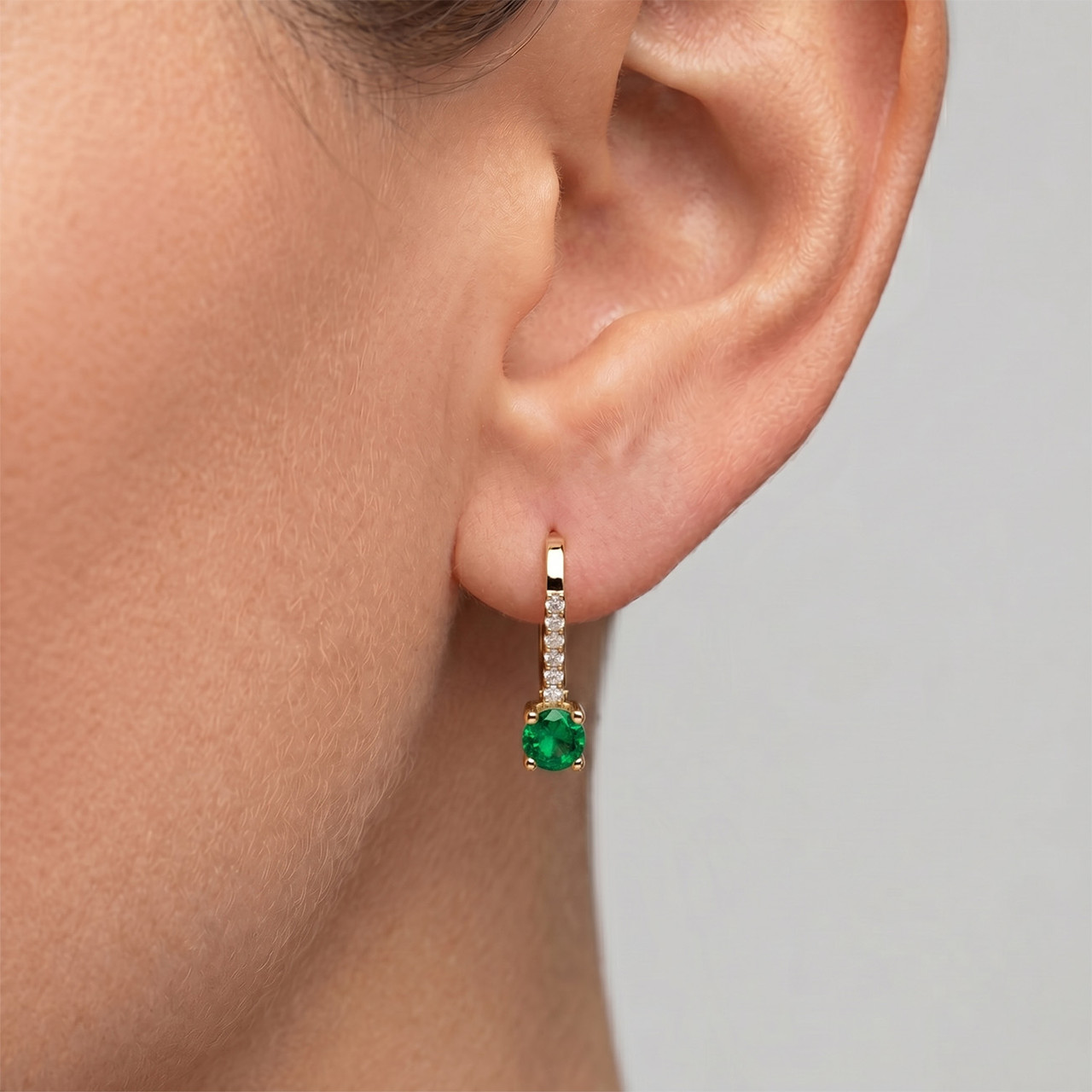 Dainty Green Emerald & Diamond Hoop Drop Earrings 14k Yellow  display picture 1