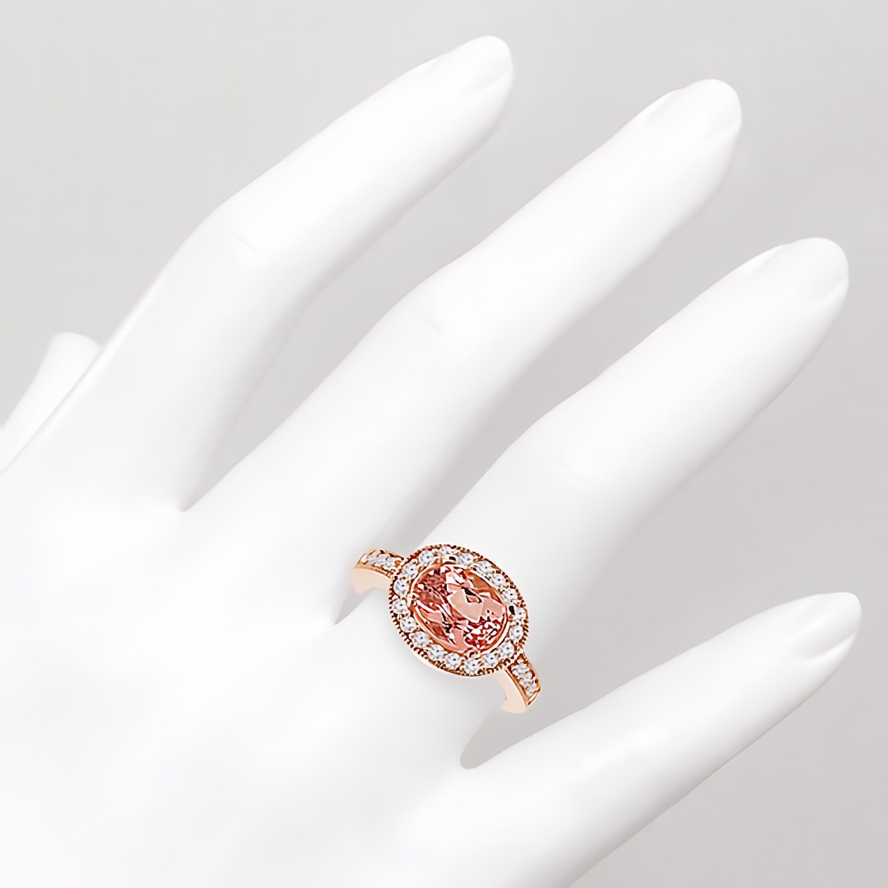 Oval Peach Morganite Diamond Halo Engagement Ring 14k Rose Gold
