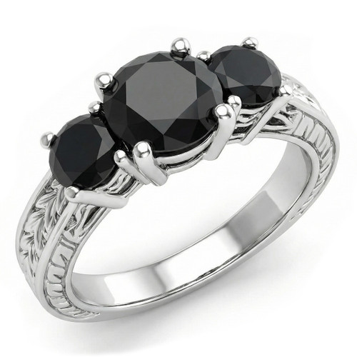 Black Diamond Engagement Ring Antique 3-Stone Design