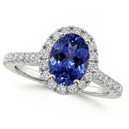 Oval Tanzanite and Raised Diamond Halo Engagement Ring