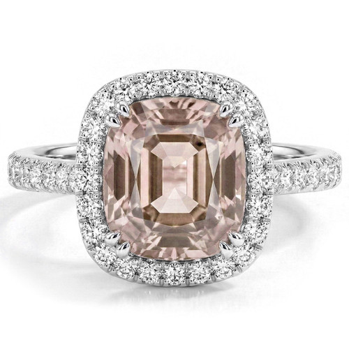 Peach Pink Cushion Cut Morganite Diamond Halo Statement Ring