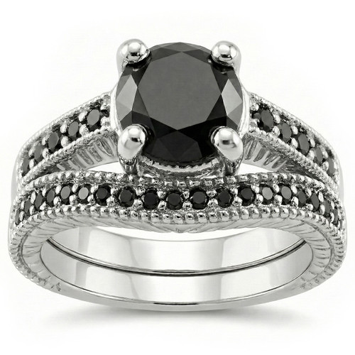 Black Diamond Vintage Engagement Ring Set
