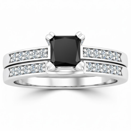 Fancy Black Princess Cut Diamond Engagement and Wedding Ring Set