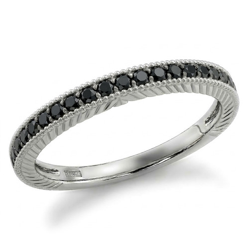 Vintage Style Black Diamond Wedding Band 14k White Gold Ring
