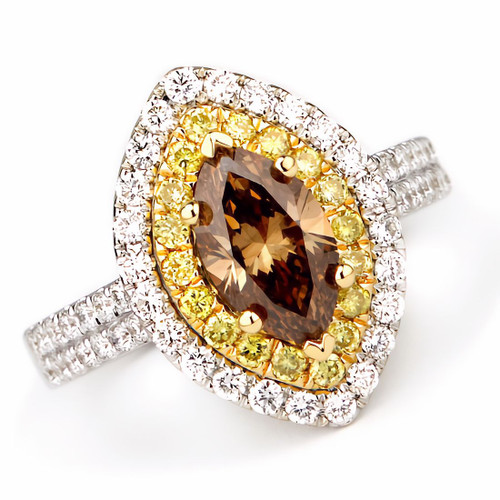 VS1 Marquise-Cut Cognac Brown Diamond Halo Engagement Ring