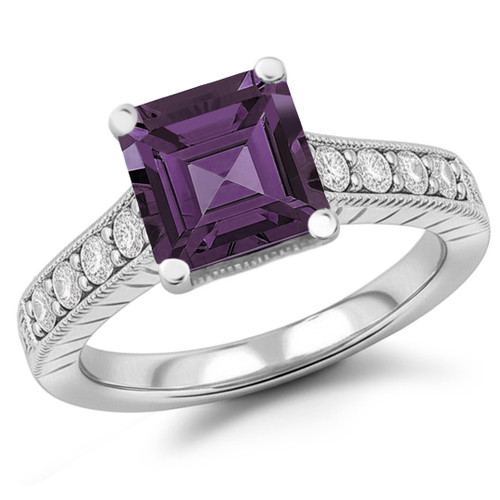 Princess Cut Amethyst and Diamond Engagement Ring Vintage Style