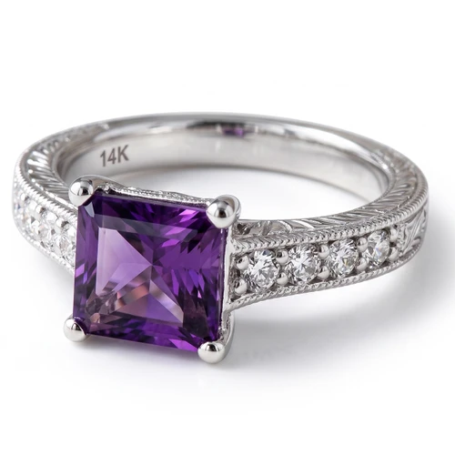 Princess Cut Amethyst and Diamond Engagement Ring Vintage Style