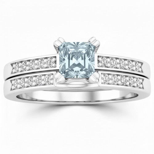 Princess Cut Blue Aquamarine and Diamond Engagement Ring Set