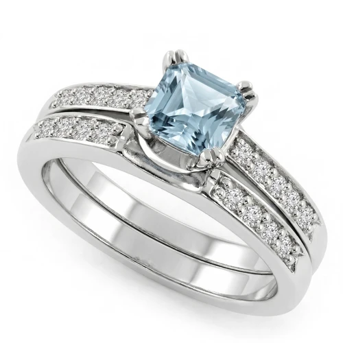 Princess Cut Blue Aquamarine and Diamonds Engagement Ring Set
