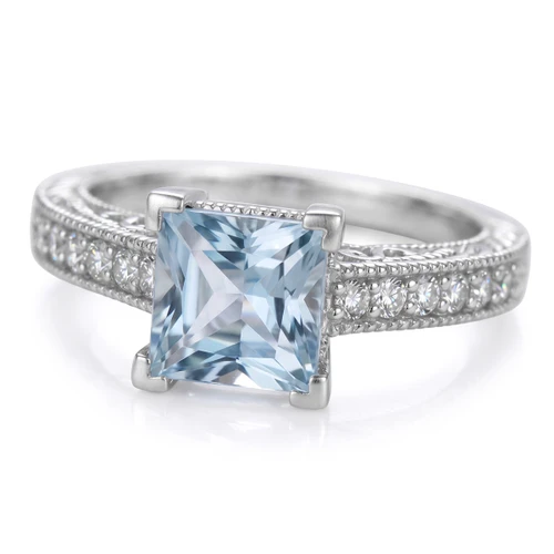 Princess-Cut Aquamarine and Diamond Engagement Ring Vintage Style