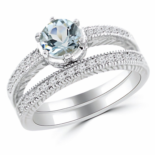 Aquamarine and Diamond Antique Engagement Ring Set