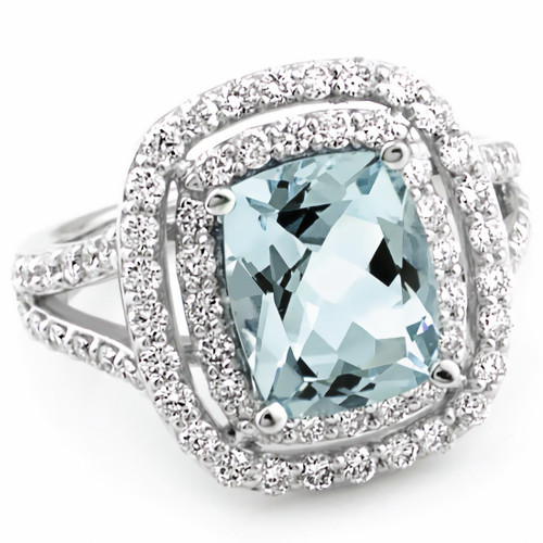 Cushion Aquamarine Diamond Double Halo Split Ring