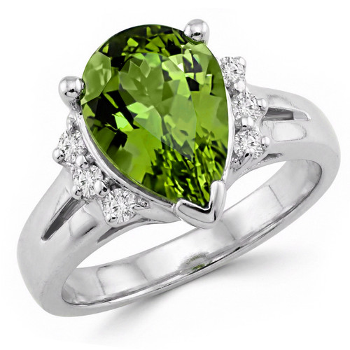 Pear Cut Green Peridot Diamond Cocktail Statement Ring