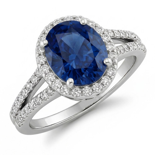 Oval Blue Sapphire and Diamond Halo Split Shank Statement Ring